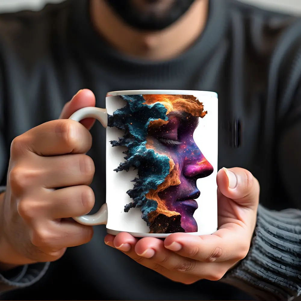 Cosmic Galaxy Woman Face Double Exposure Art – Mugs