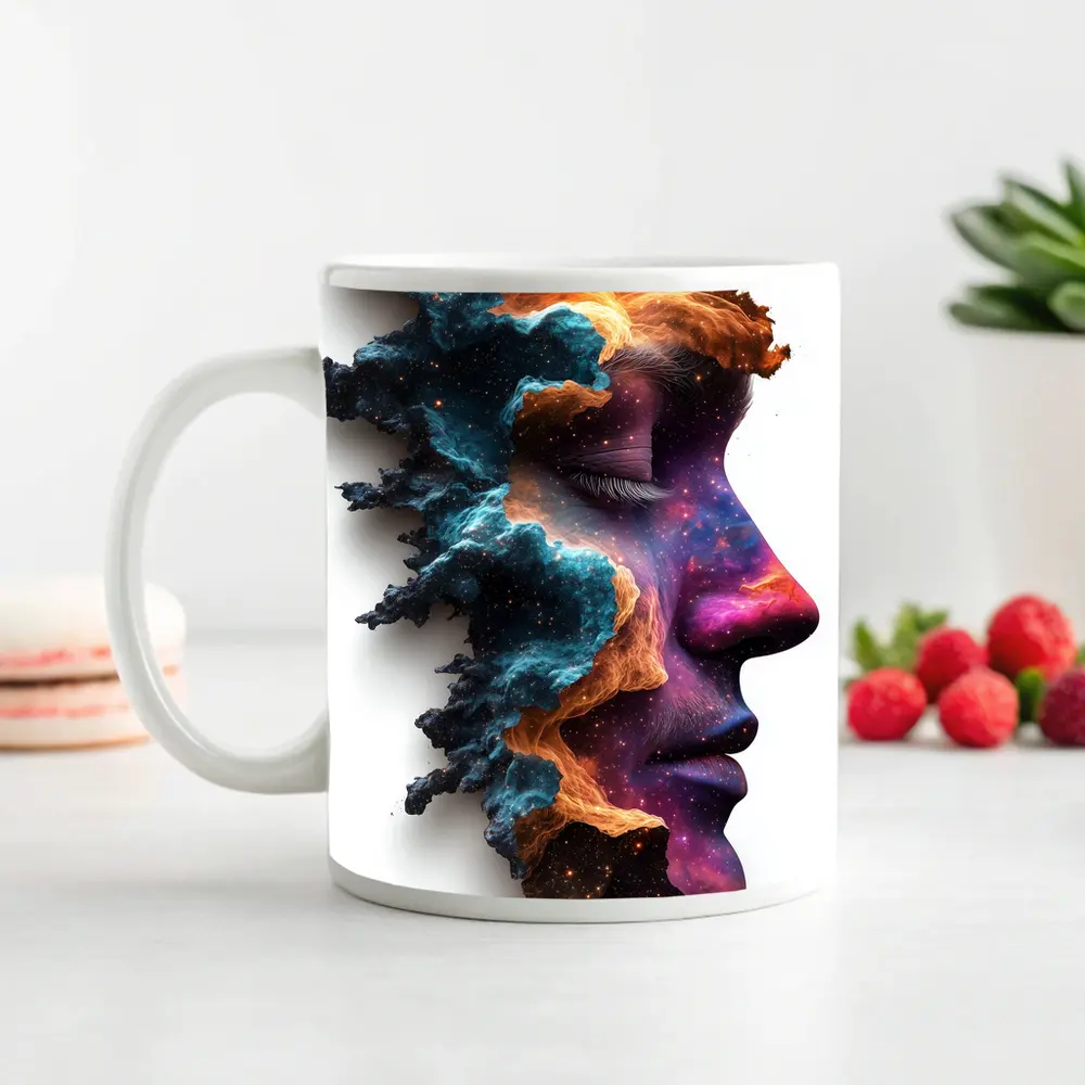 Cosmic Galaxy Woman Face Double Exposure Art – Mugs