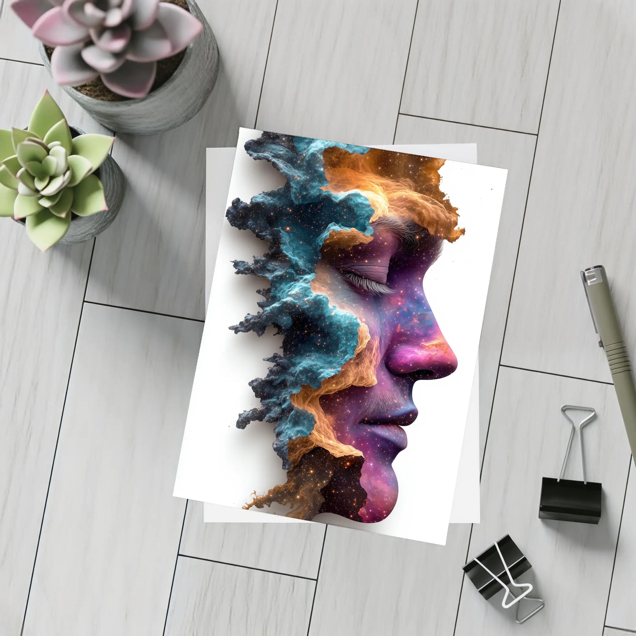 Cosmic Galaxy Woman Face Double Exposure Art – Postcards