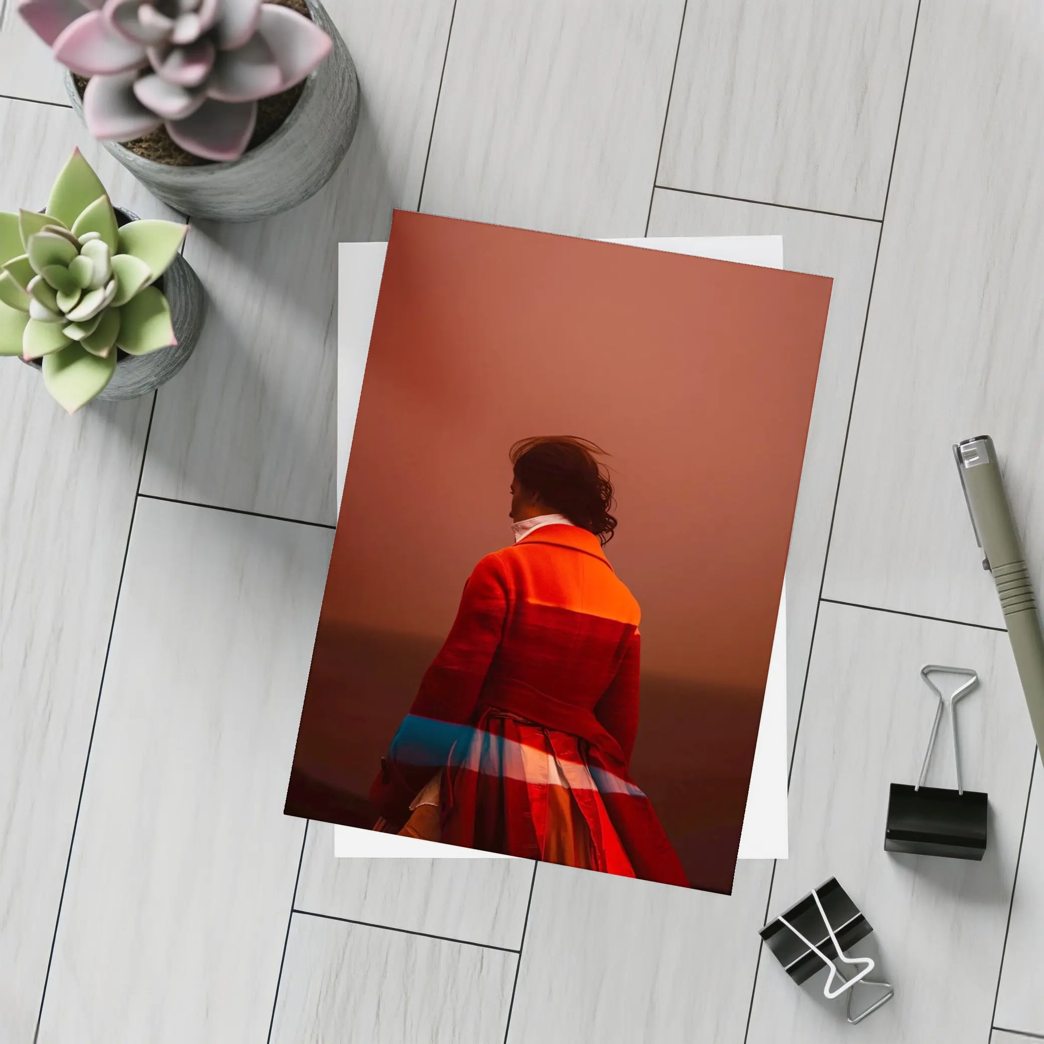 Woman Red Coat Dramatic Sunset Sky – Postcards