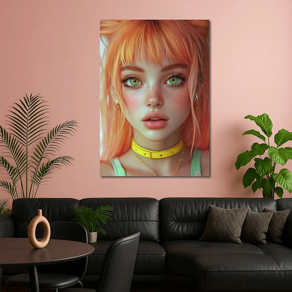 Anime Girl Orange Hair Green Eyes Portrait – Wall Art