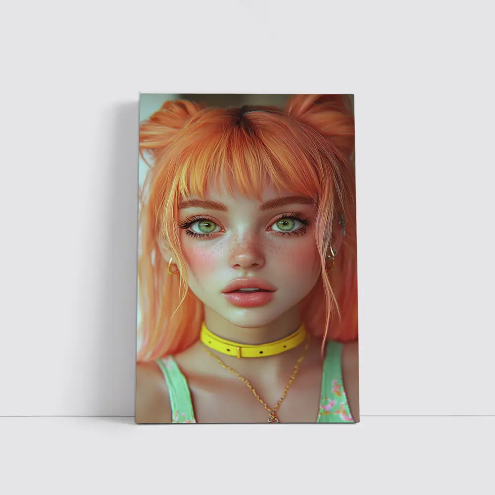 Anime Girl Orange Hair Green Eyes Portrait – Wall Art