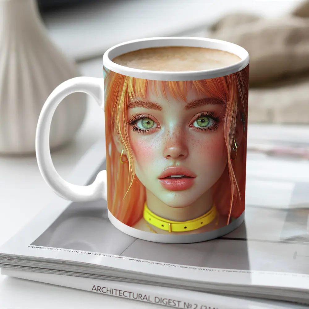 Anime Girl Orange Hair Green Eyes Portrait – Mugs