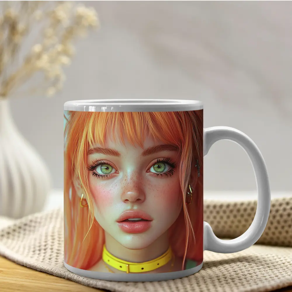 Anime Girl Orange Hair Green Eyes Portrait – Mugs