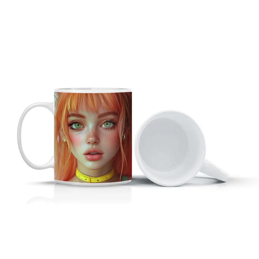 Anime Girl Orange Hair Green Eyes Portrait – Mugs