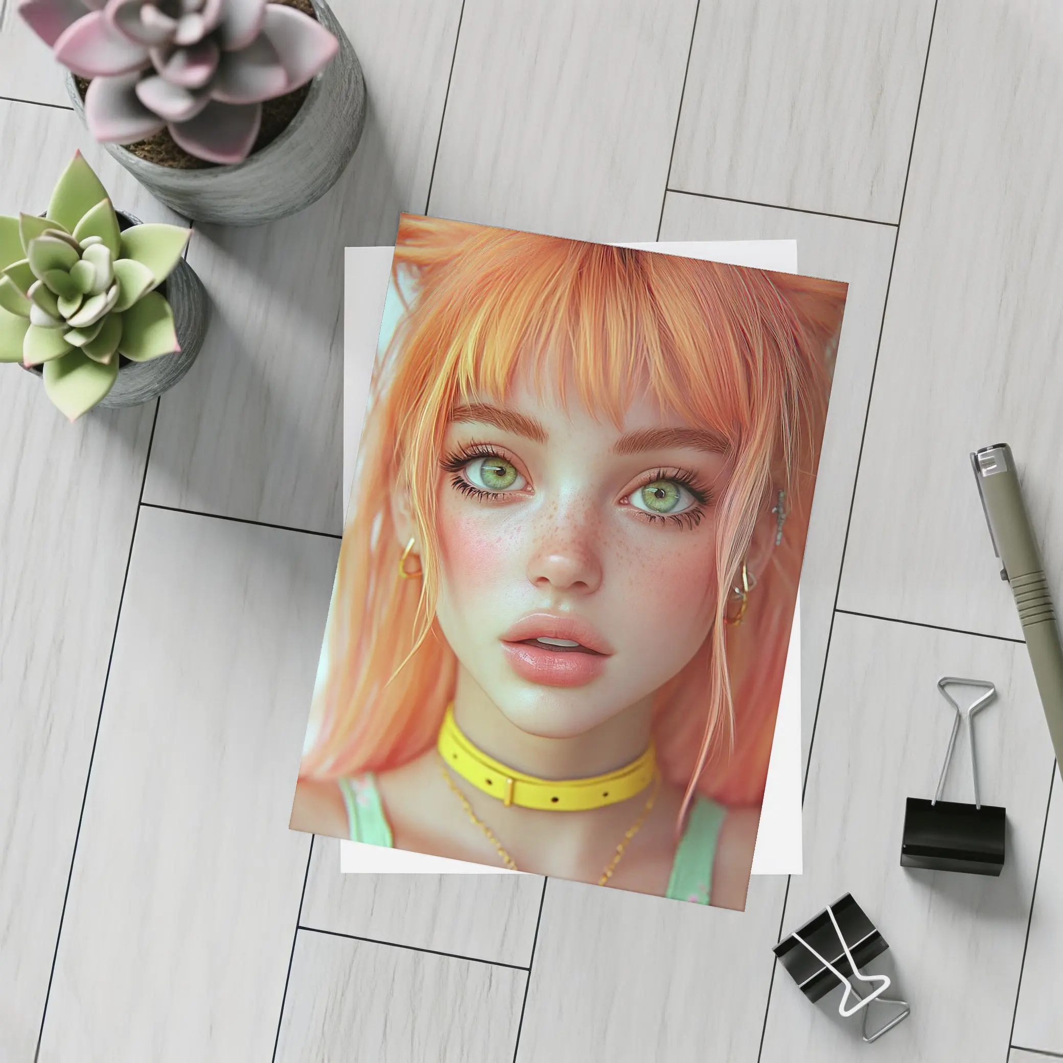 Anime Girl Orange Hair Green Eyes Portrait – Postcards