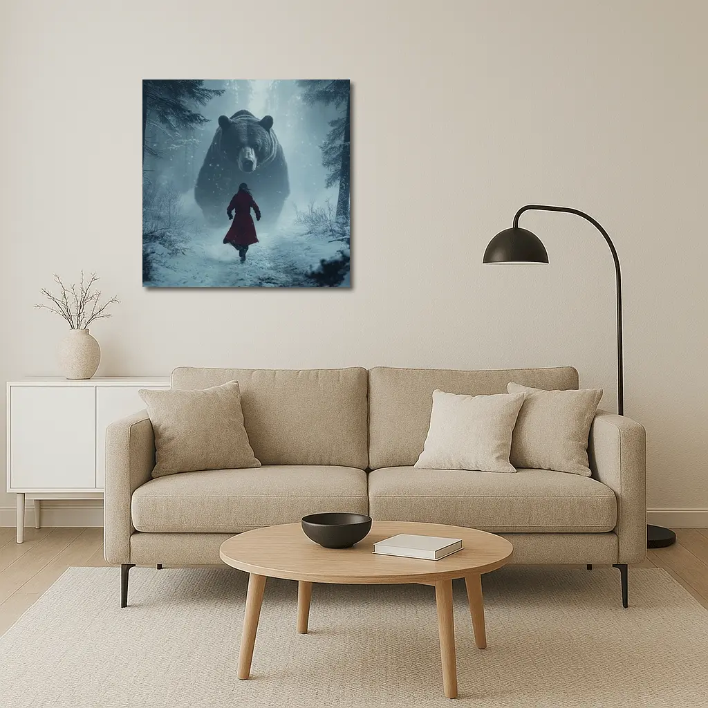 Woman Running From Giant Bear Winter Forest – Wall Art