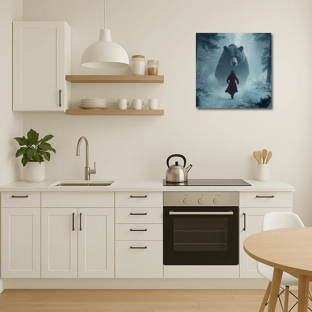 Woman Running From Giant Bear Winter Forest – Wall Art