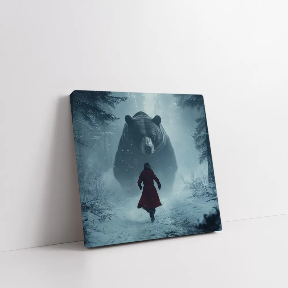 Woman Running From Giant Bear Winter Forest – Wall Art