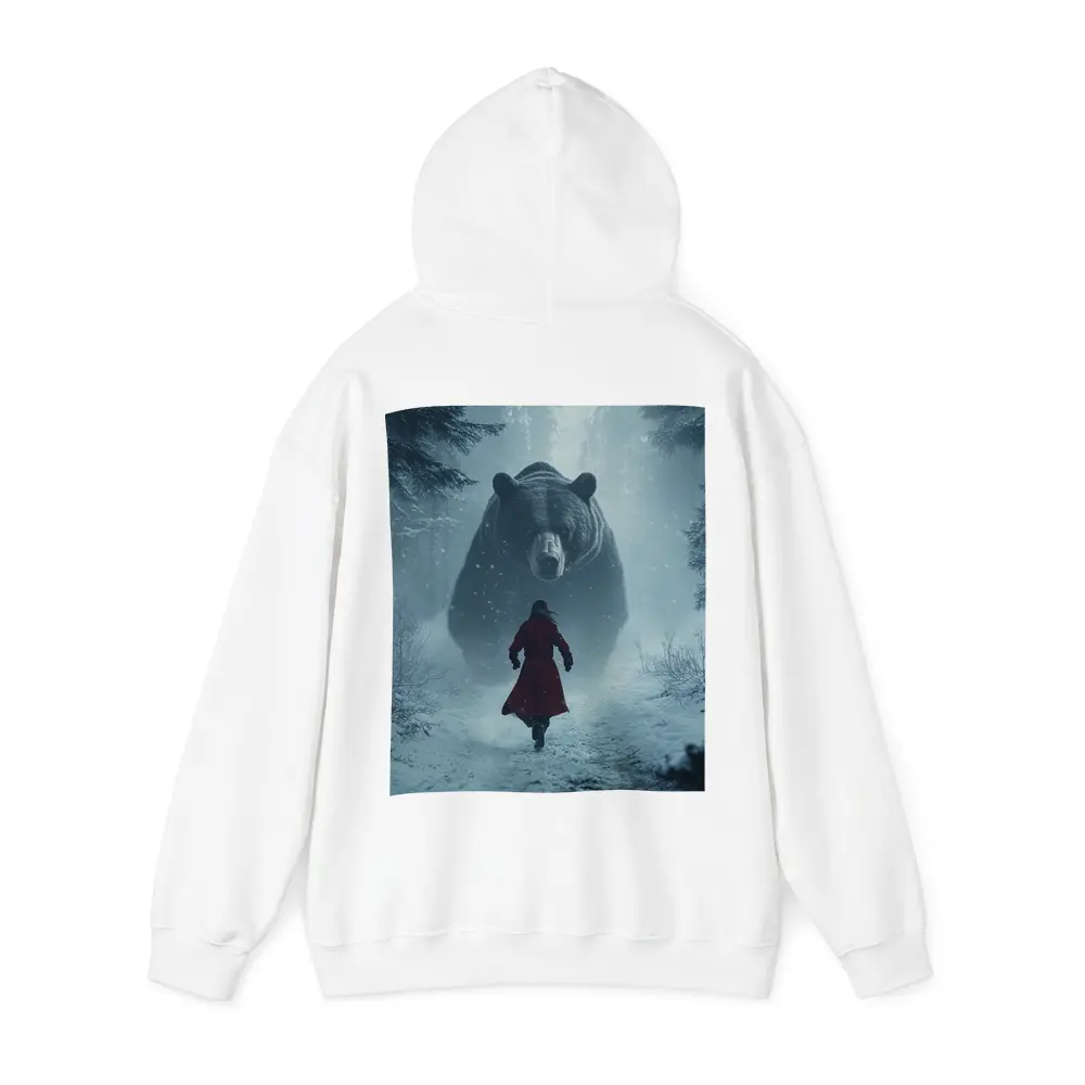 Woman Running From Giant Bear Winter Forest – Hoodies