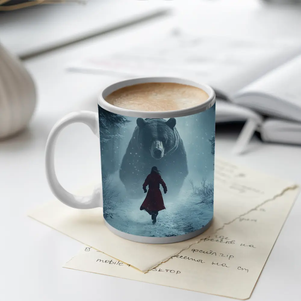 Woman Running From Giant Bear Winter Forest – Mugs