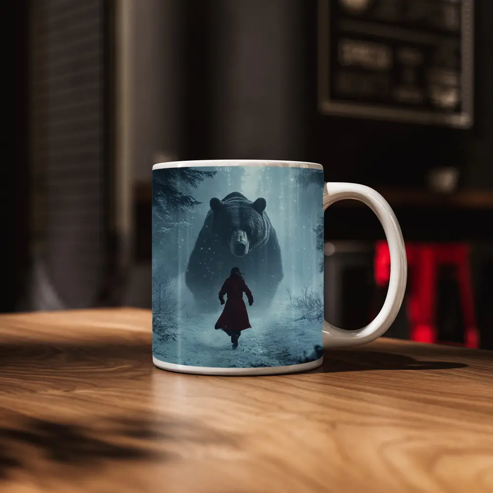 Woman Running From Giant Bear Winter Forest – Mugs