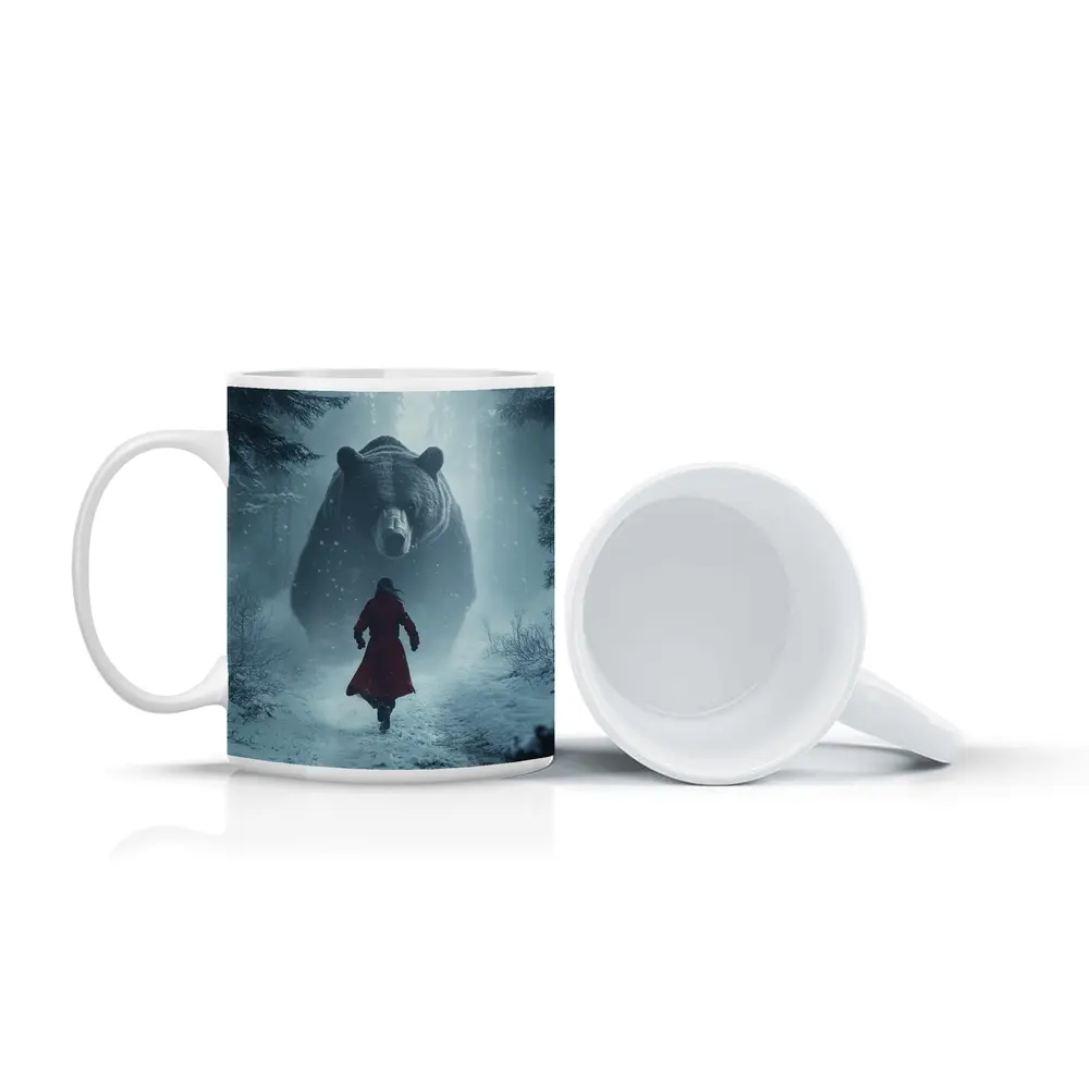 Woman Running From Giant Bear Winter Forest – Mugs