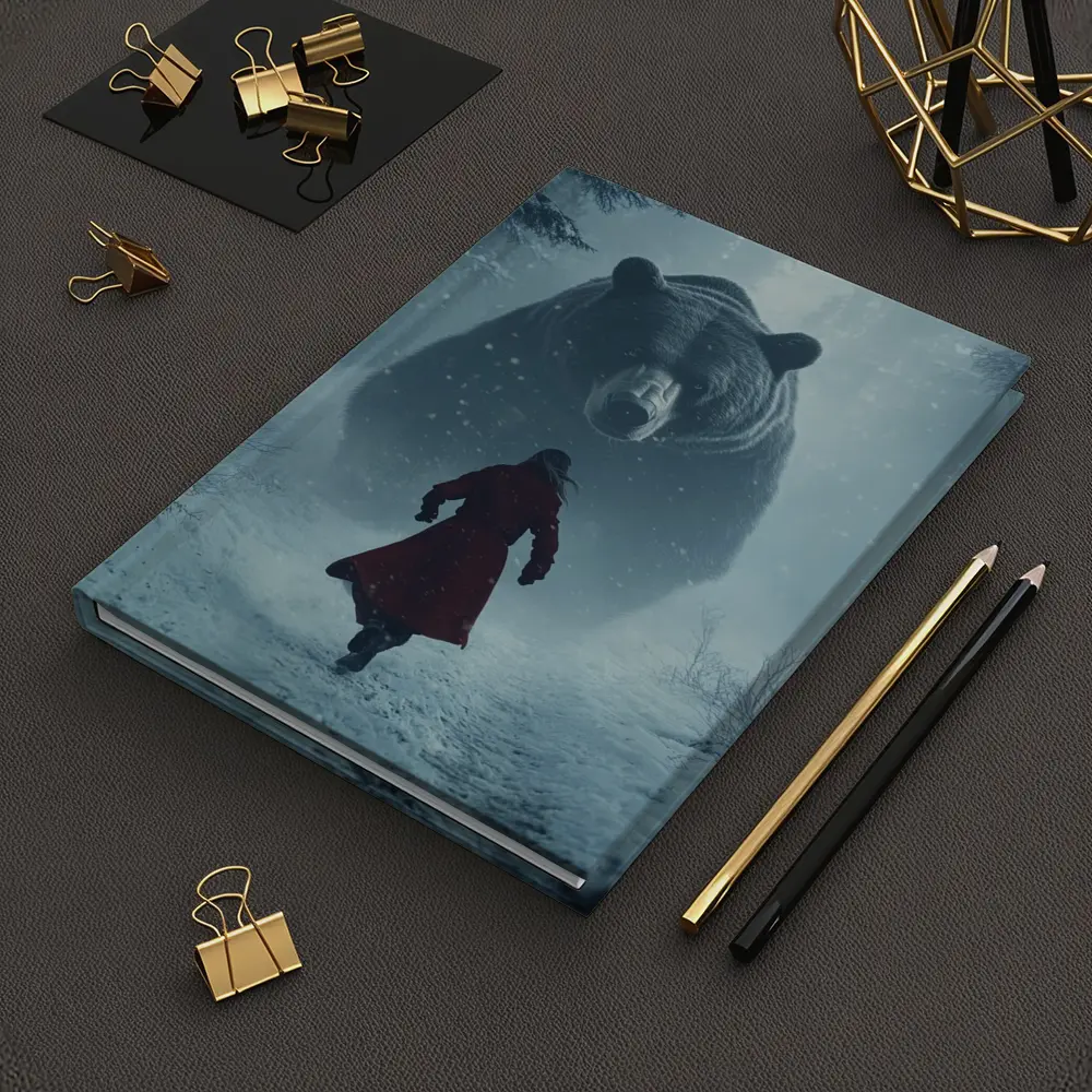 Woman Running From Giant Bear Winter Forest – Notebooks