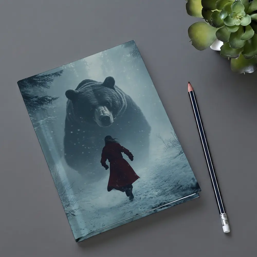 Woman Running From Giant Bear Winter Forest – Notebooks