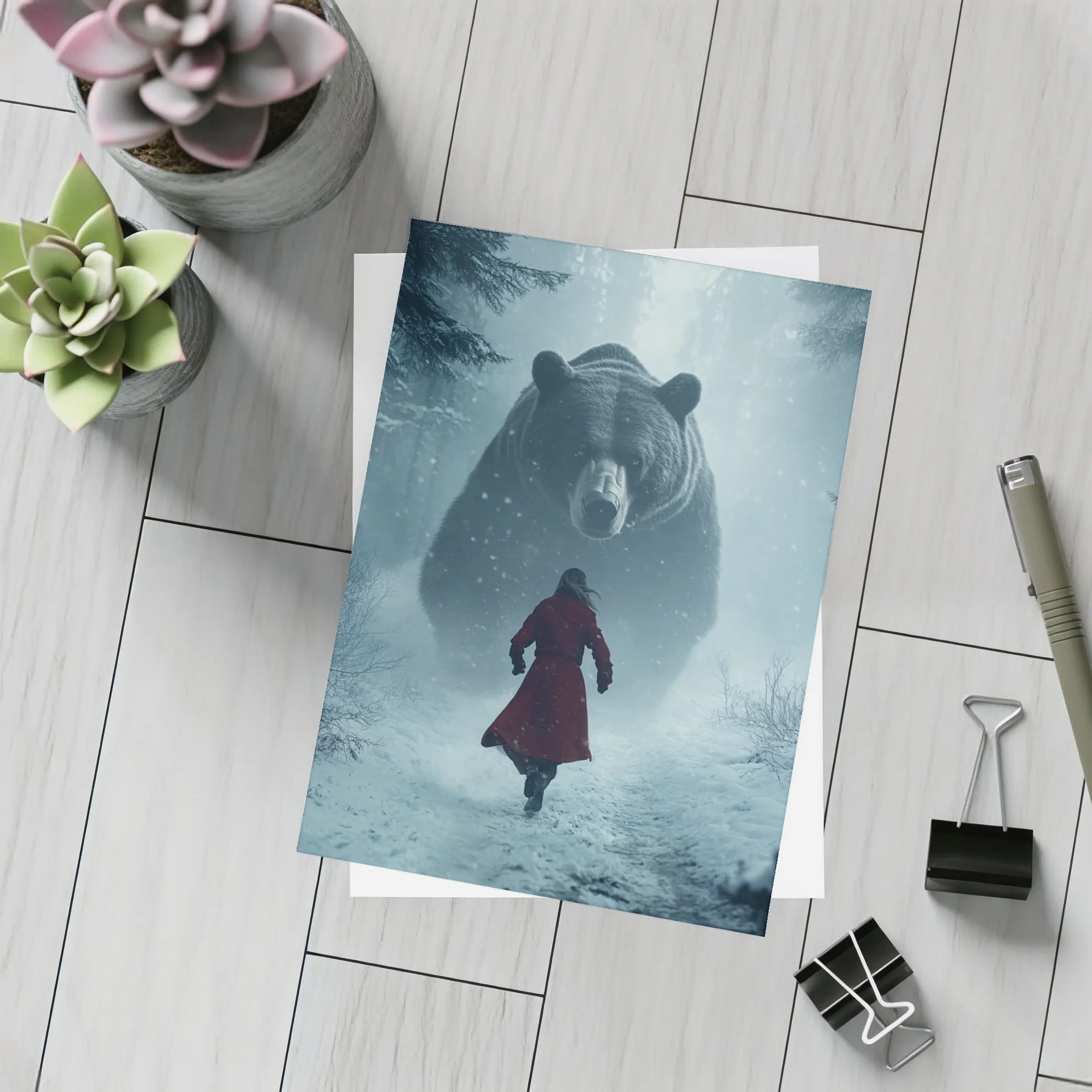 Woman Running From Giant Bear Winter Forest – Postcards