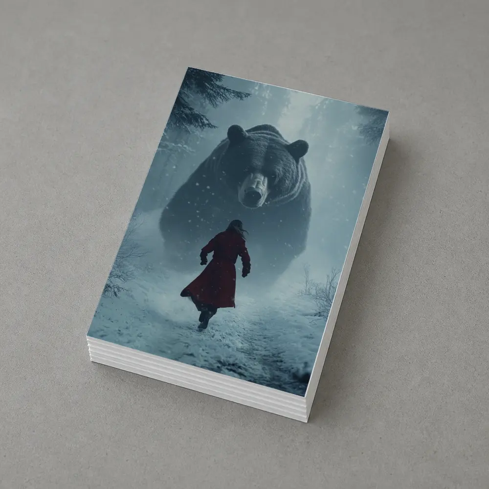 Woman Running From Giant Bear Winter Forest – Postcards