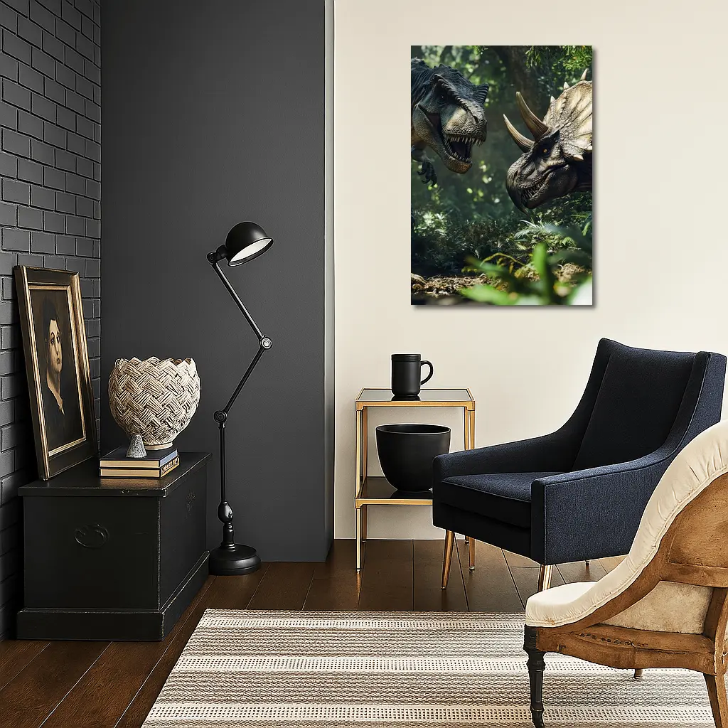T-Rex and Triceratops Face Off Forest – Wall Art
