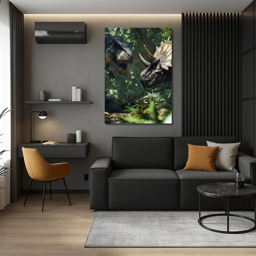 T-Rex and Triceratops Face Off Forest – Wall Art