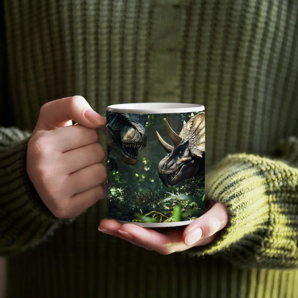 T-Rex and Triceratops Face Off Forest – Mugs