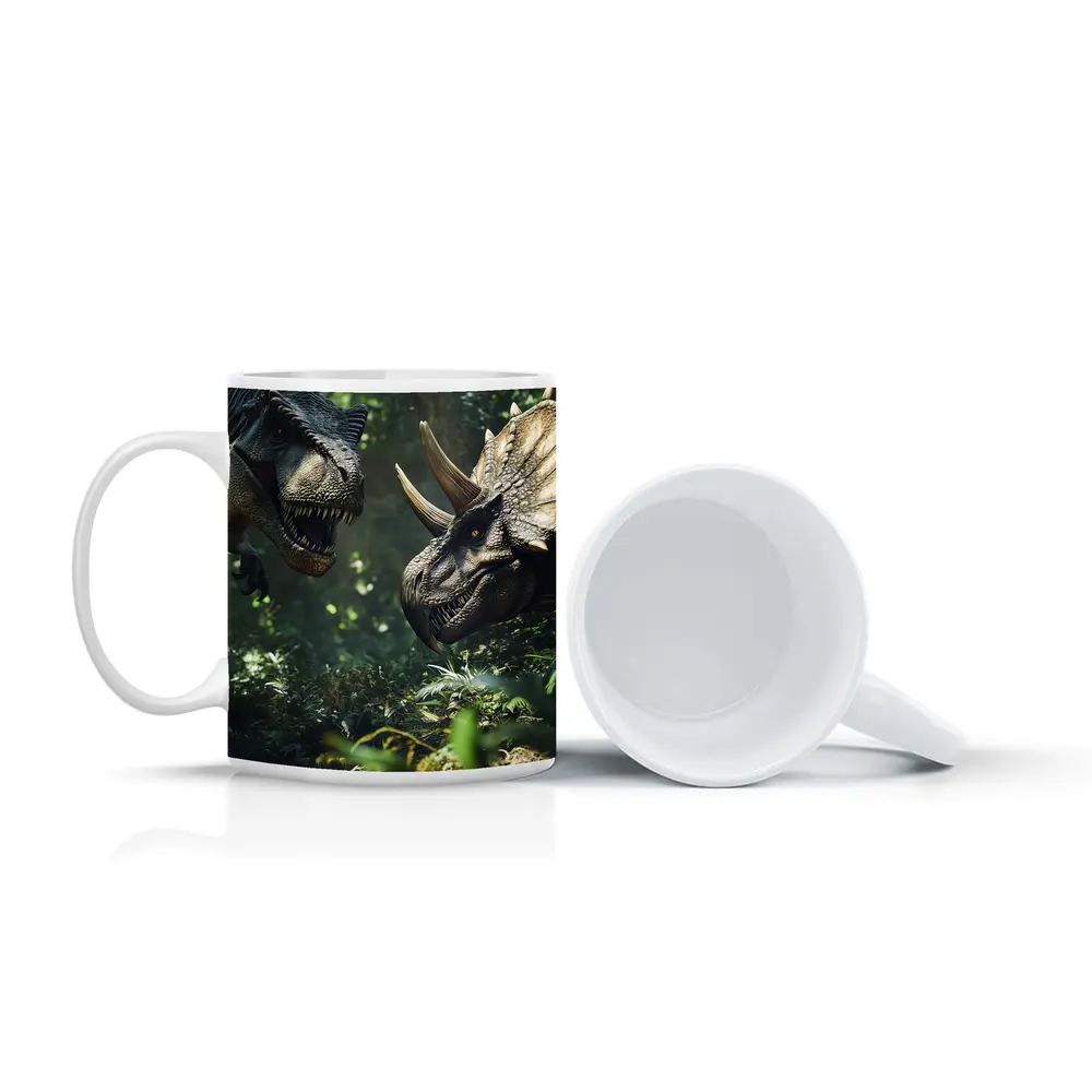 T-Rex and Triceratops Face Off Forest – Mugs