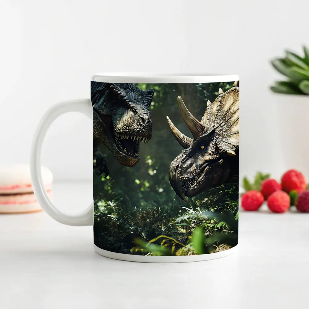 T-Rex and Triceratops Face Off Forest – Mugs