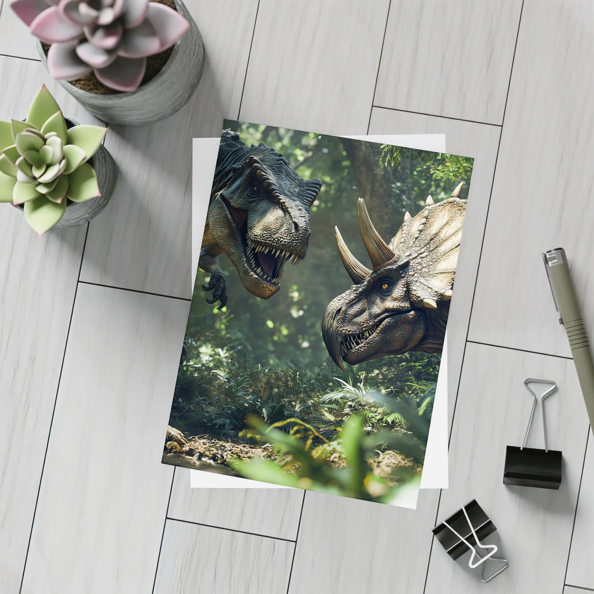 T-Rex and Triceratops Face Off Forest – Postcards