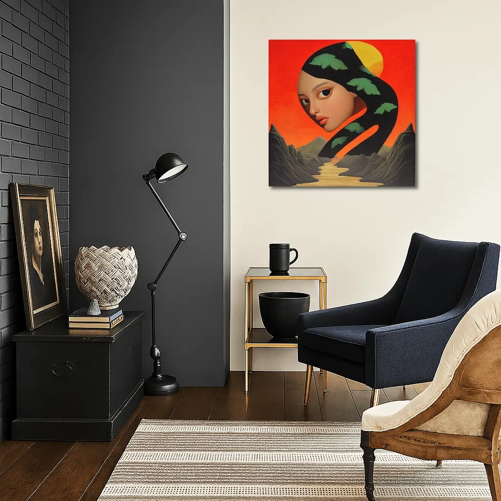 Surreal Woman Face Mountains Sunset Art – Wall Art