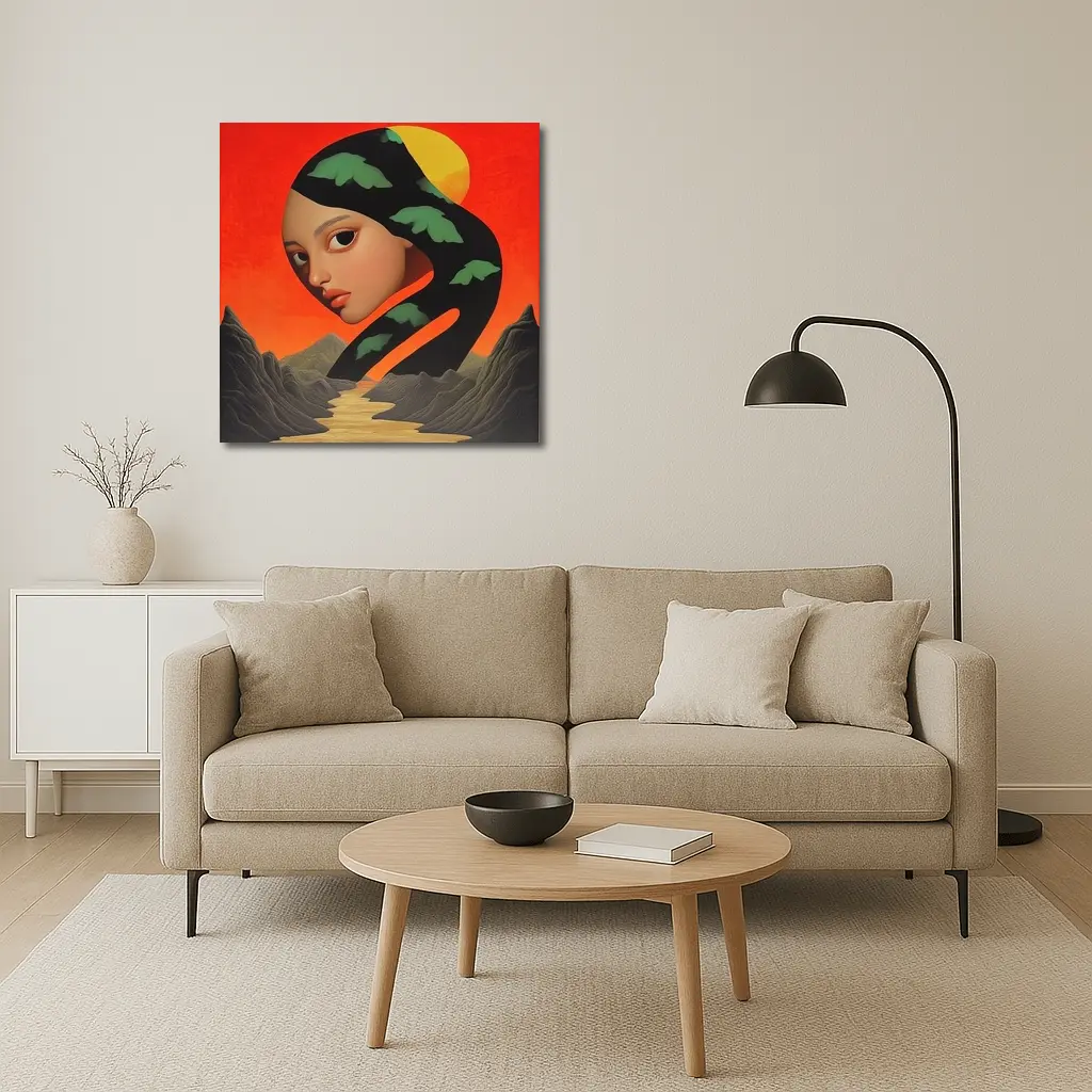 Surreal Woman Face Mountains Sunset Art – Wall Art