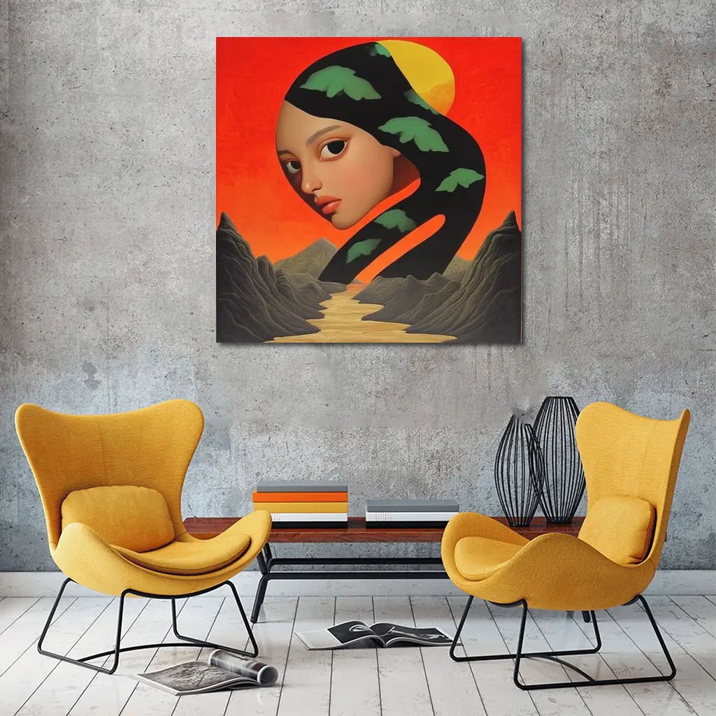 Surreal Woman Face Mountains Sunset Art – Wall Art