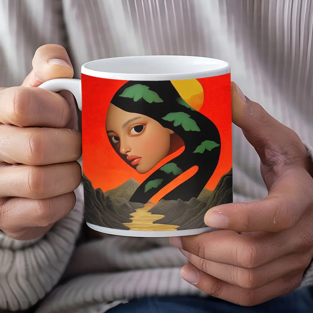 Surreal Woman Face Mountains Sunset Art – Mugs
