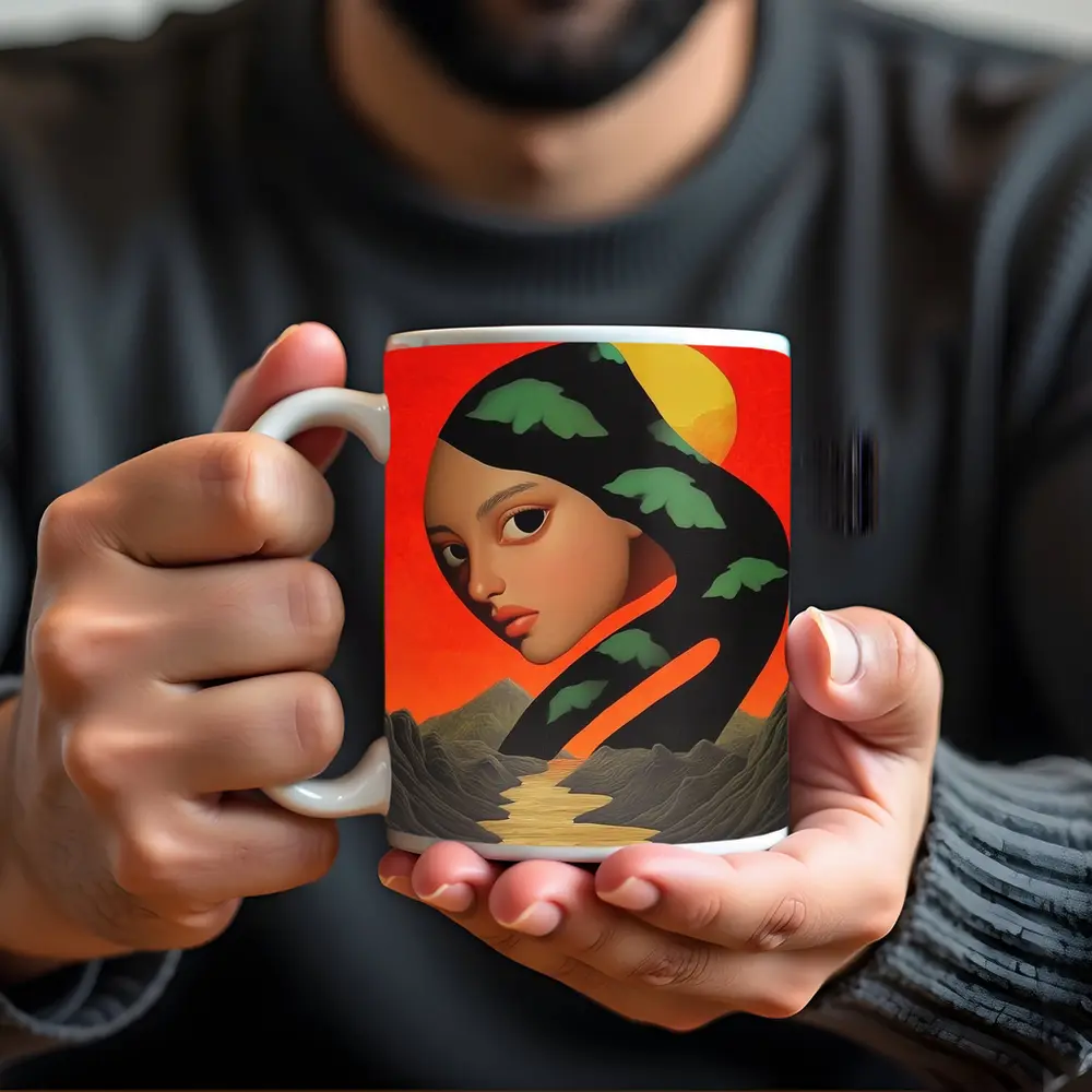 Surreal Woman Face Mountains Sunset Art – Mugs