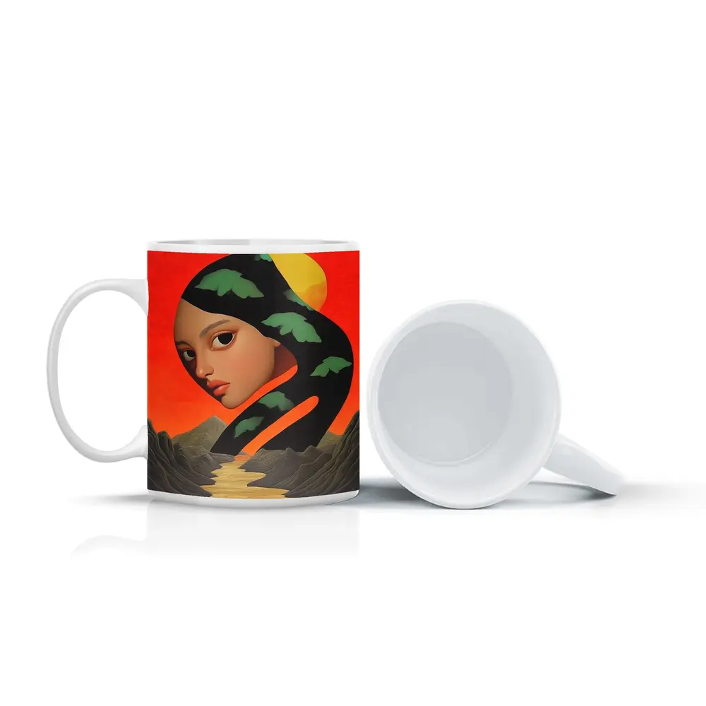 Surreal Woman Face Mountains Sunset Art – Mugs