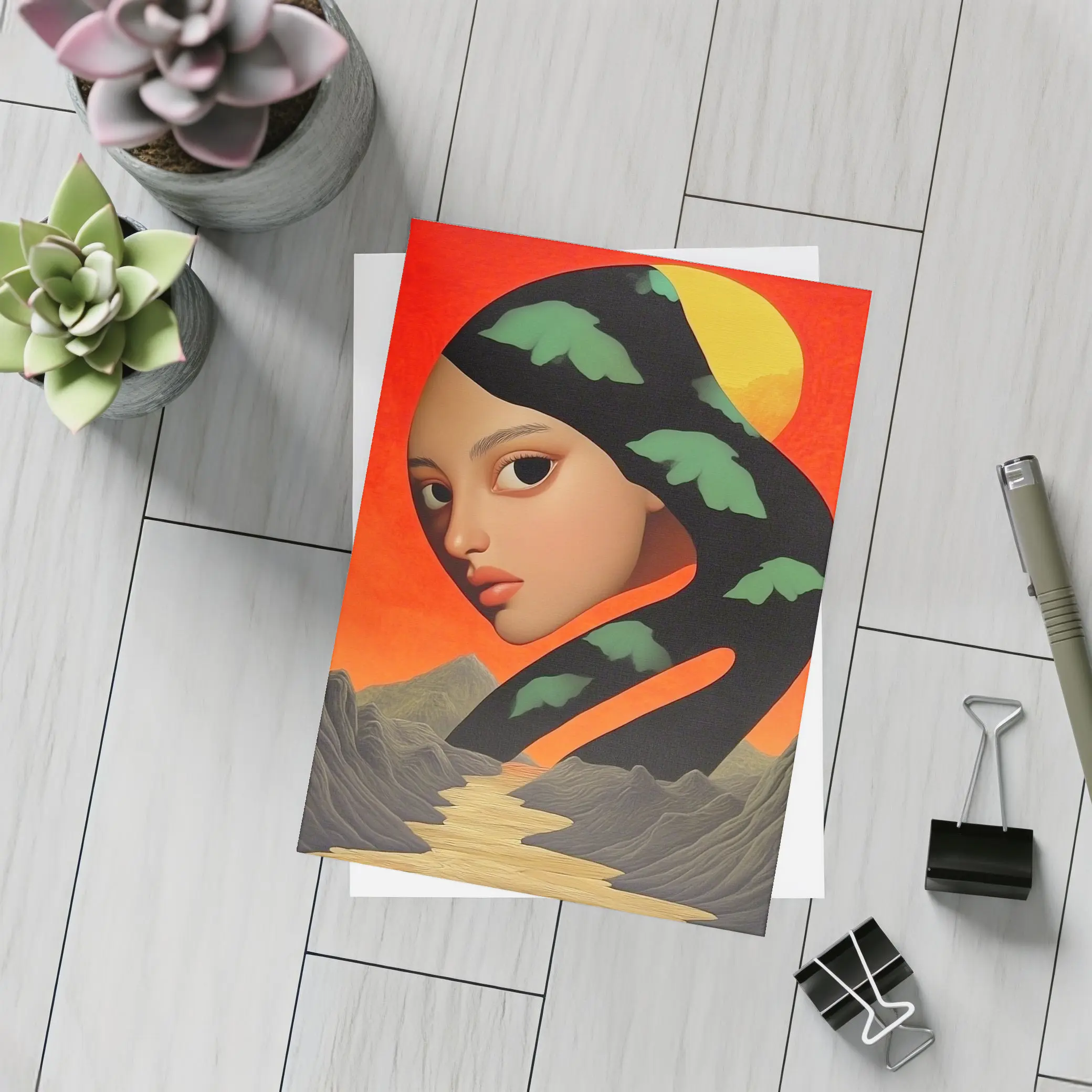Surreal Woman Face Mountains Sunset Art – Postcards