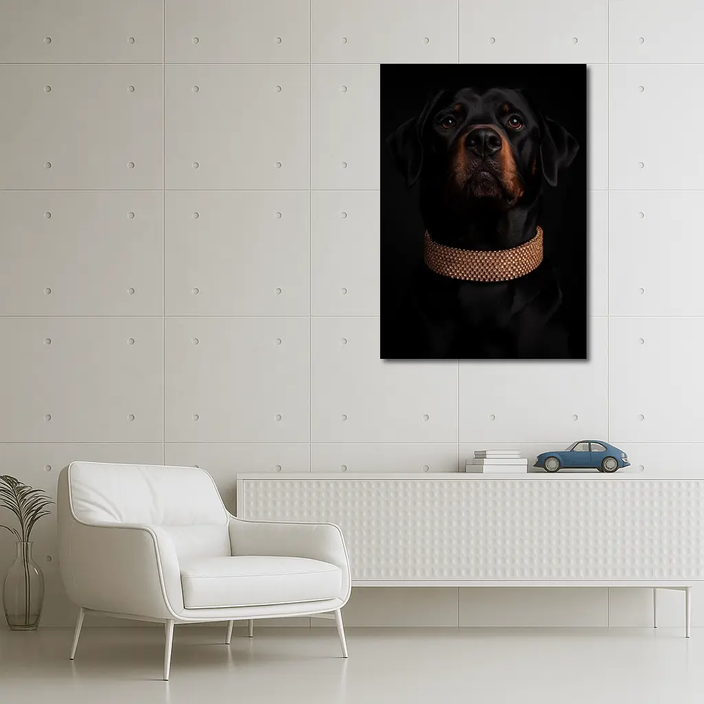 Rottweiler Dog Gold Collar Black Background – Wall Art