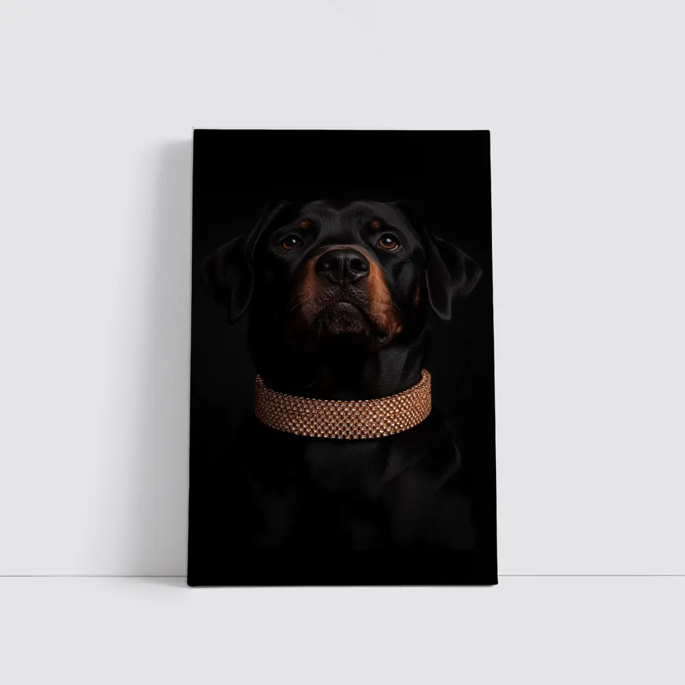 Rottweiler Dog Gold Collar Black Background – Wall Art