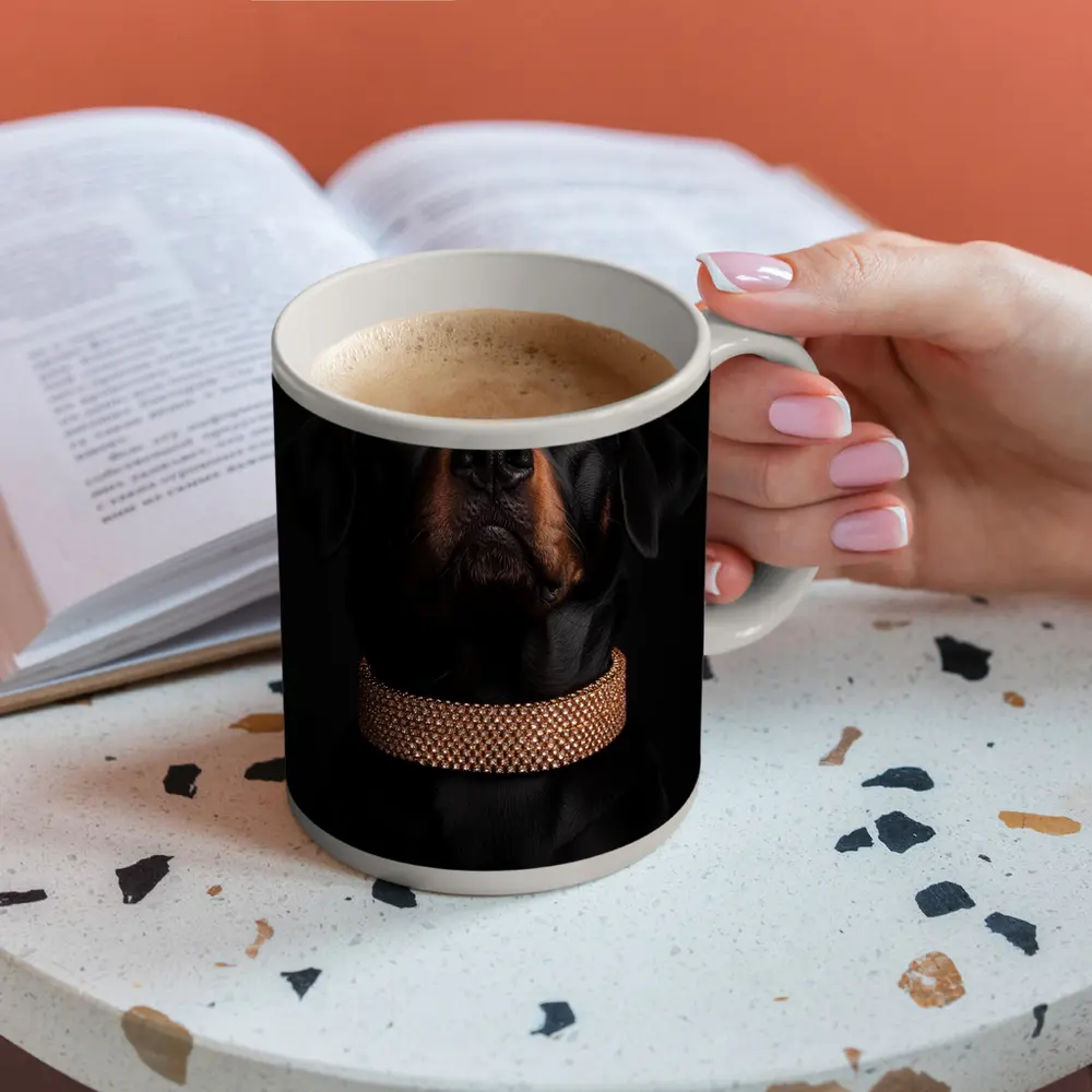 Rottweiler Dog Gold Collar Black Background – Mugs