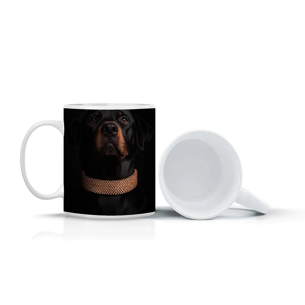 Rottweiler Dog Gold Collar Black Background – Mugs