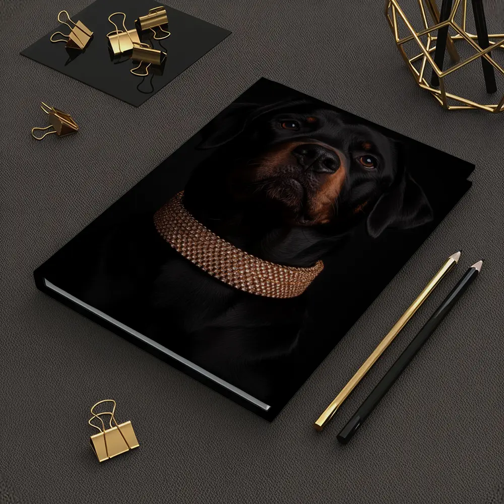 Rottweiler Dog Gold Collar Black Background – Notebooks