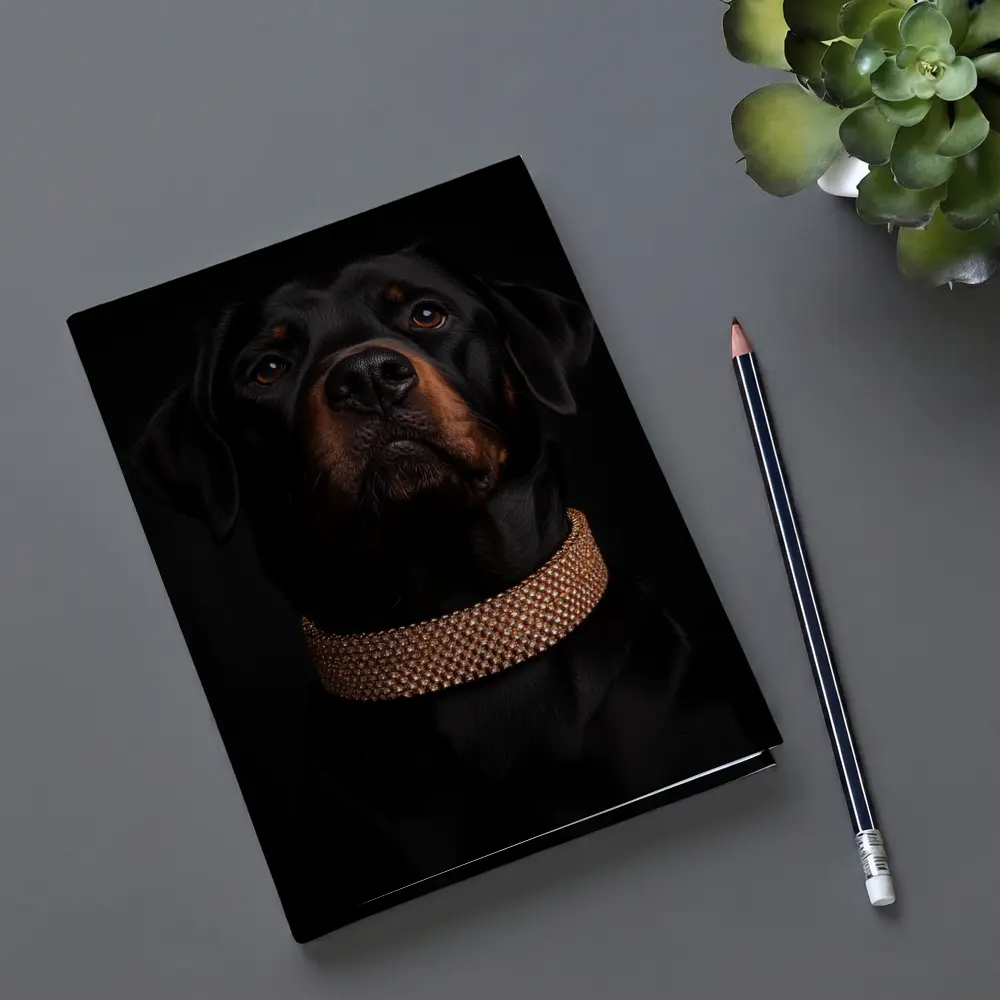 Rottweiler Dog Gold Collar Black Background – Notebooks