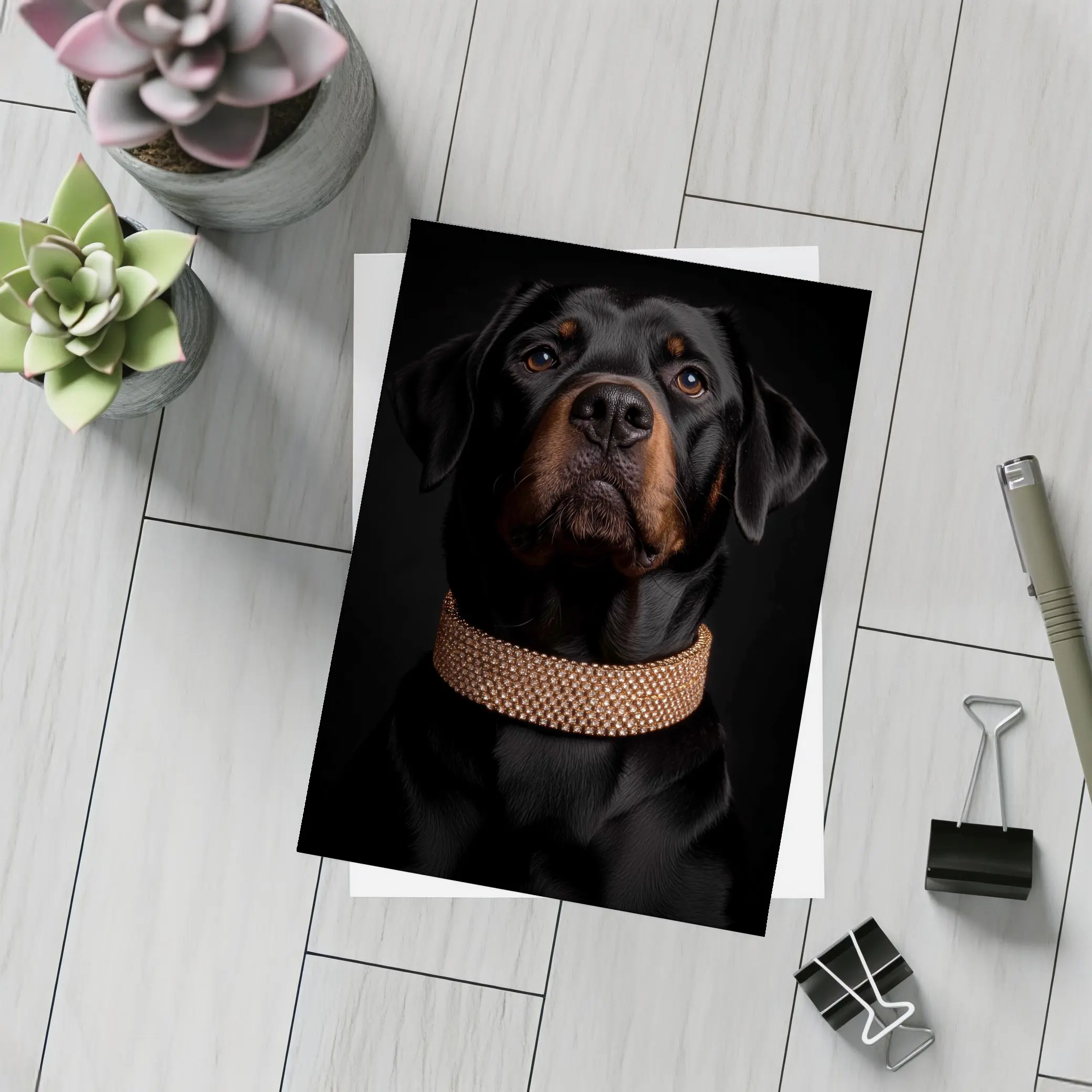 Rottweiler Dog Gold Collar Black Background – Postcards
