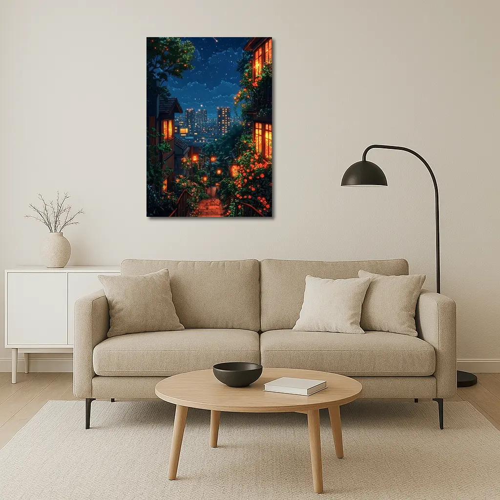 Pixel Art City Night Stairway Scene – Wall Art