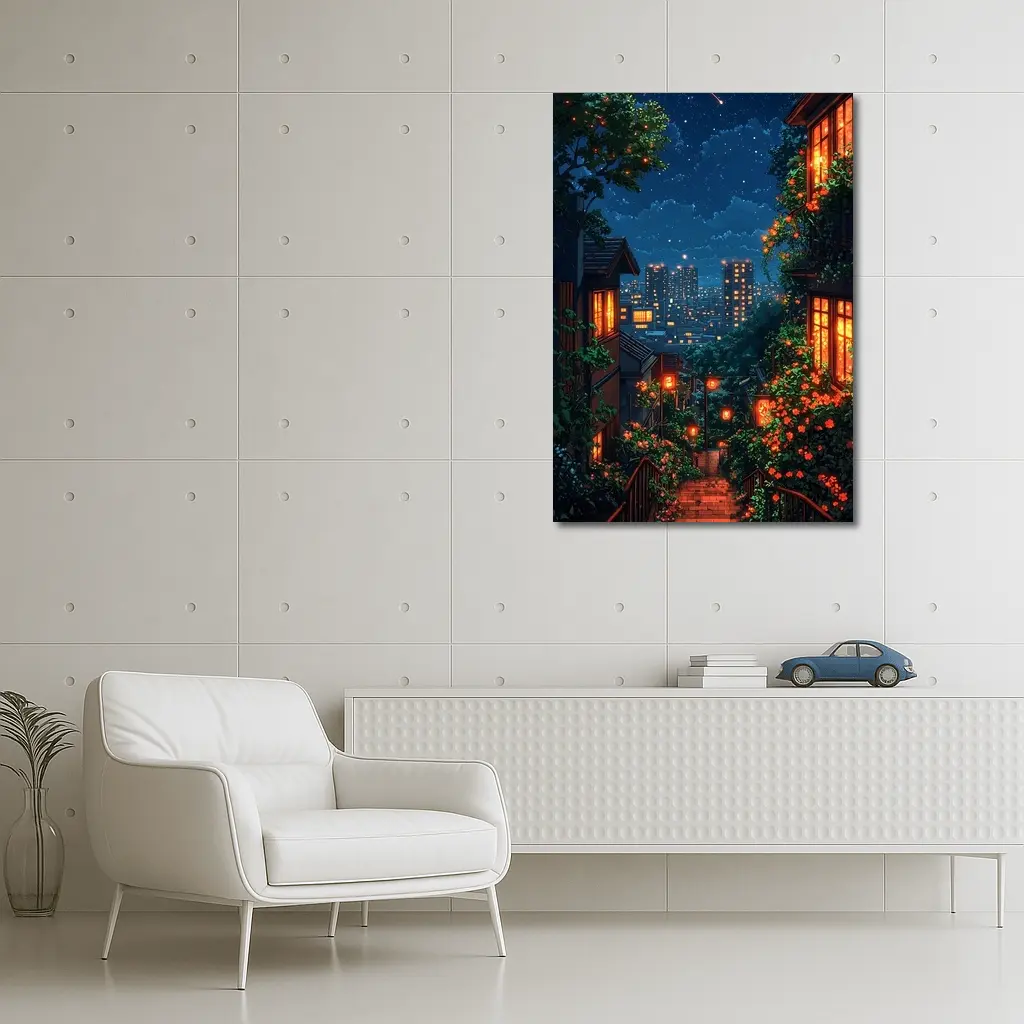 Pixel Art City Night Stairway Scene – Wall Art