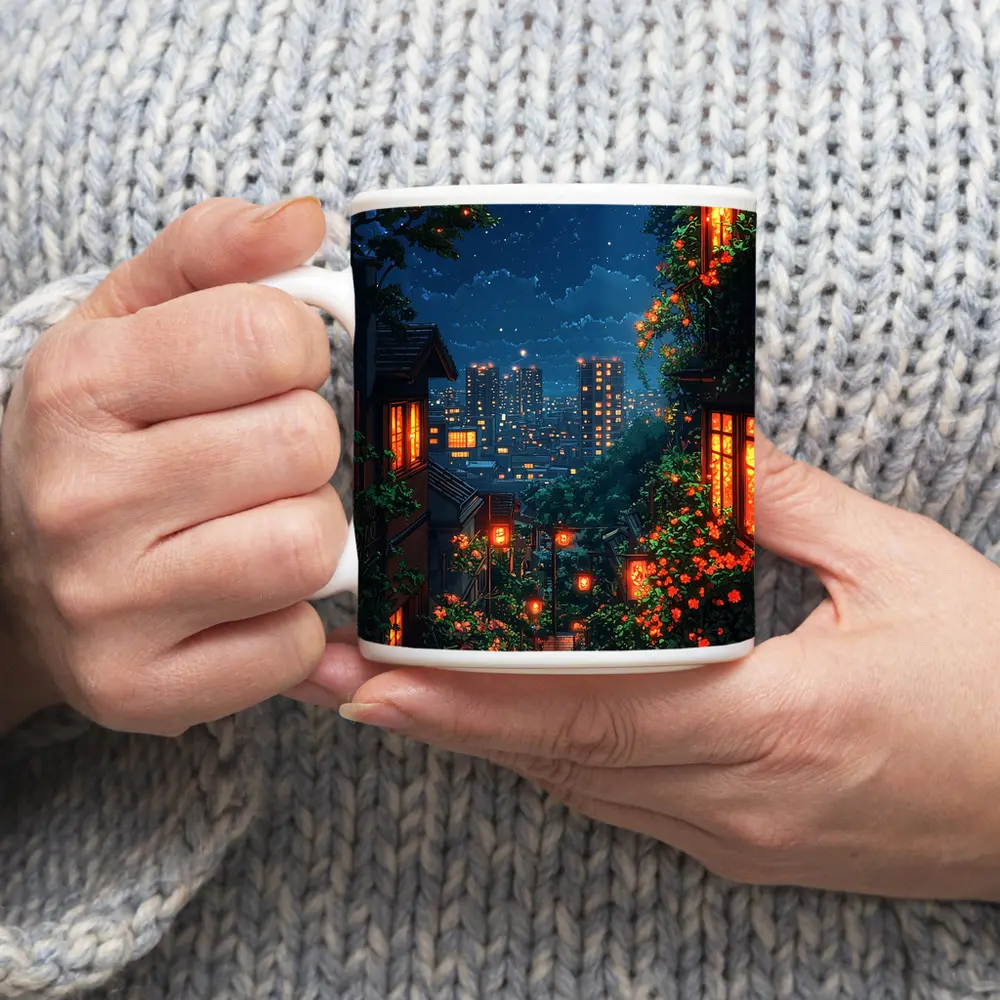 Pixel Art City Night Stairway Scene – Mugs