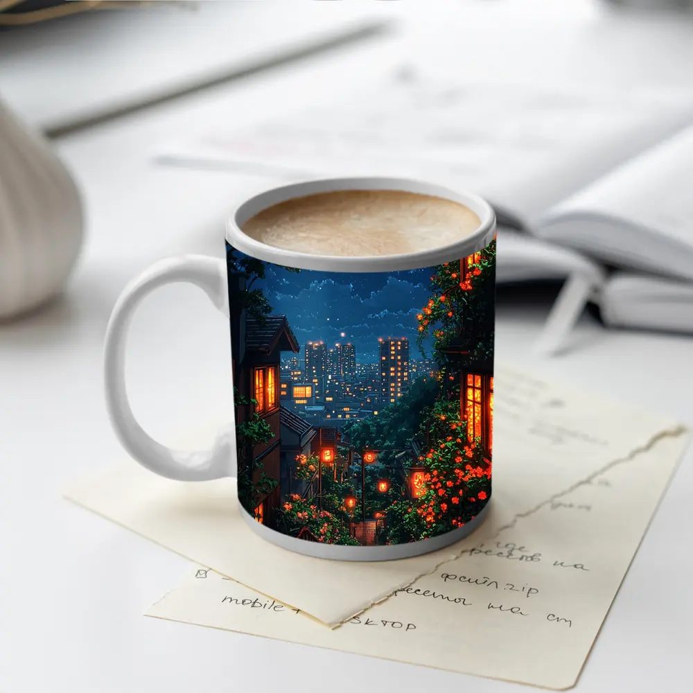 Pixel Art City Night Stairway Scene – Mugs