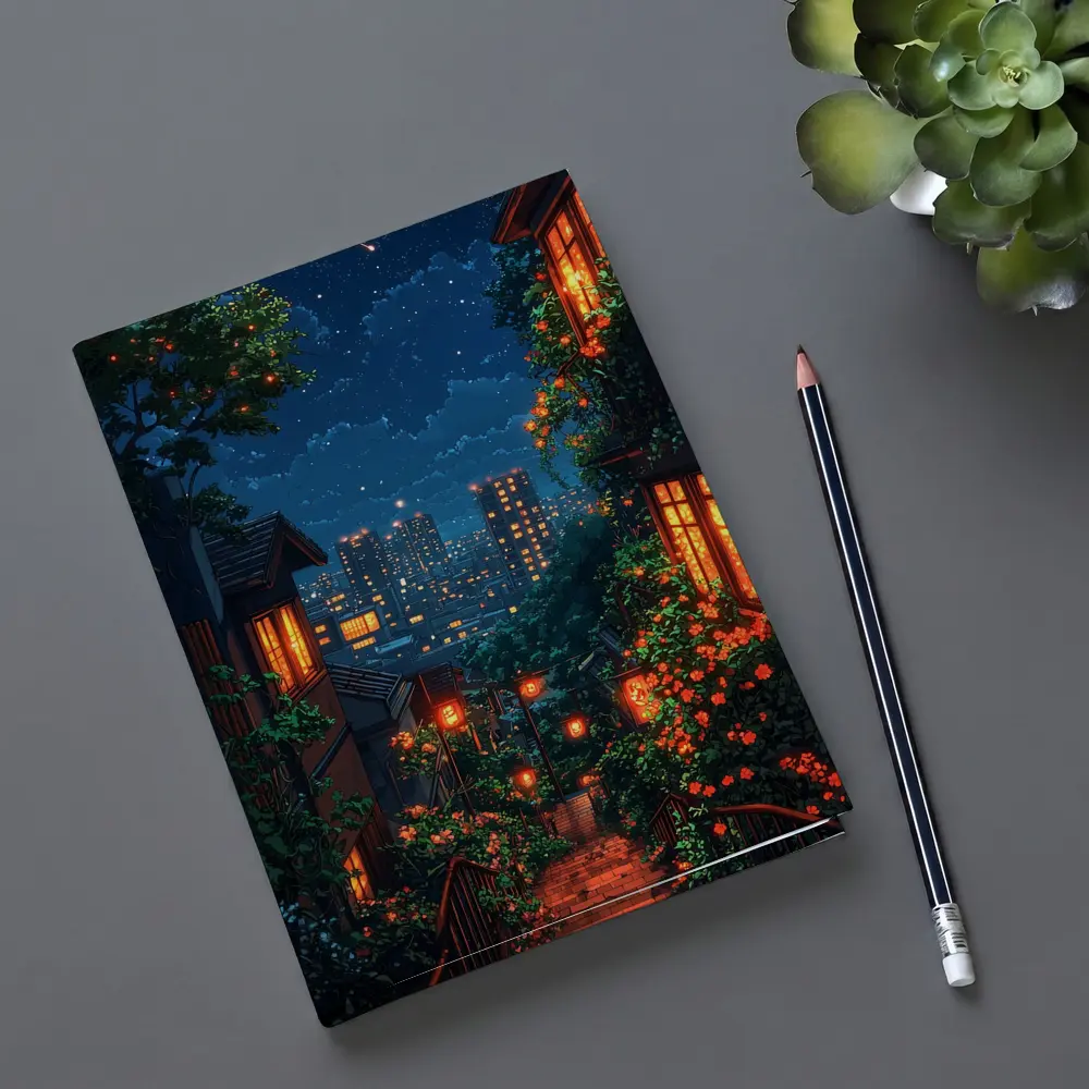 Pixel Art City Night Stairway Scene – Notebooks