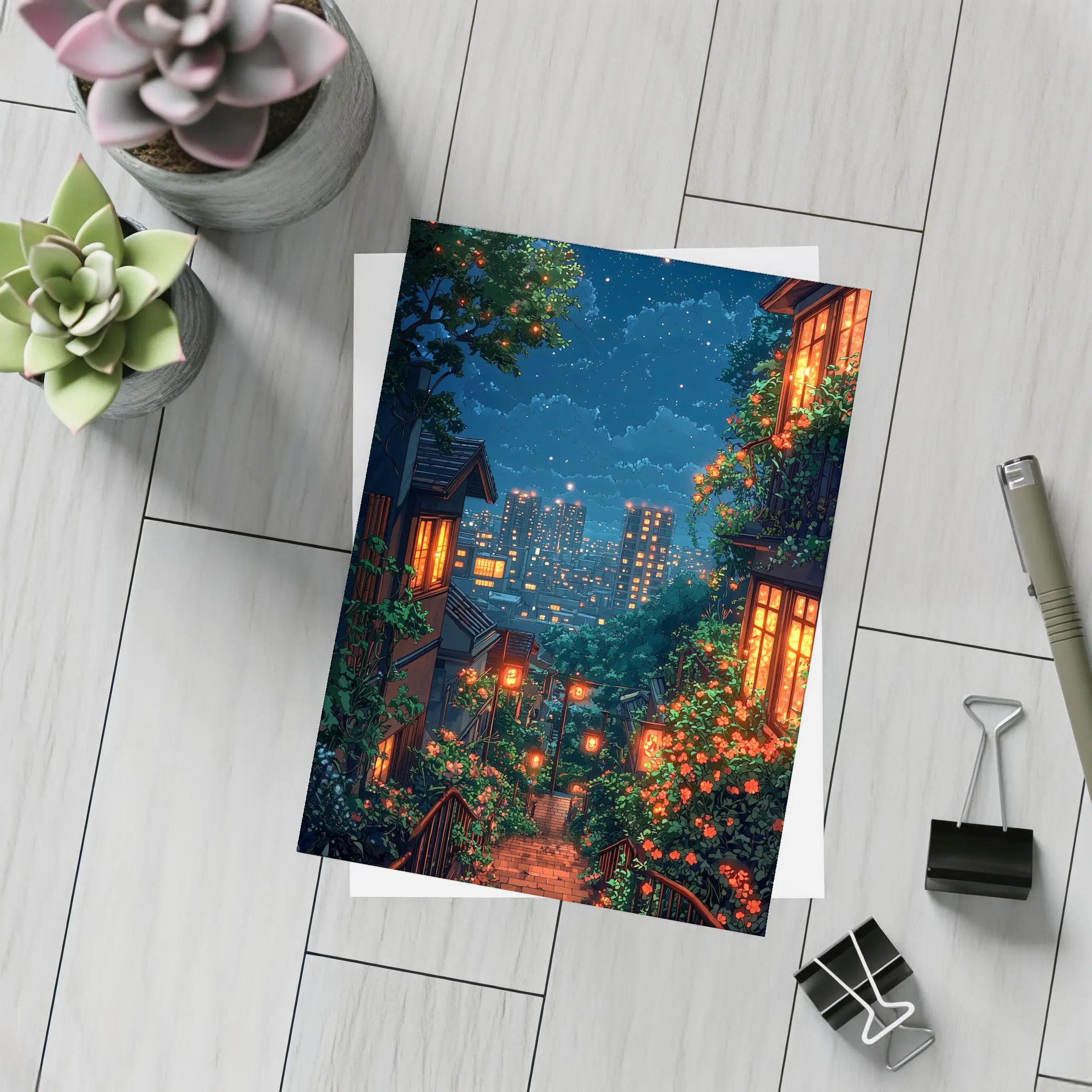 Pixel Art City Night Stairway Scene – Postcards