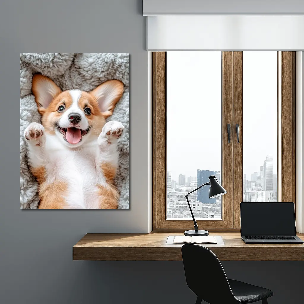 Happy Corgi Puppy Lying On Gray Blanket – Wall Art