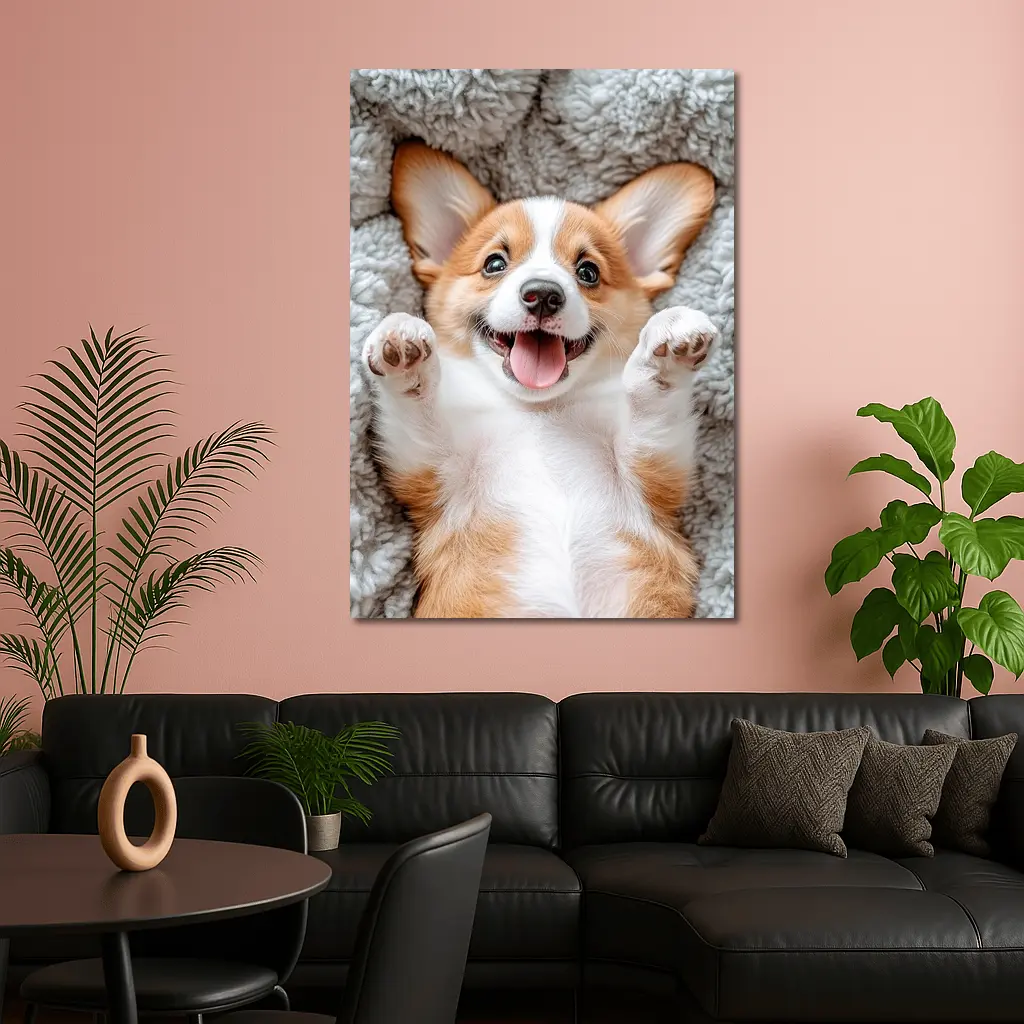 Happy Corgi Puppy Lying On Gray Blanket – Wall Art