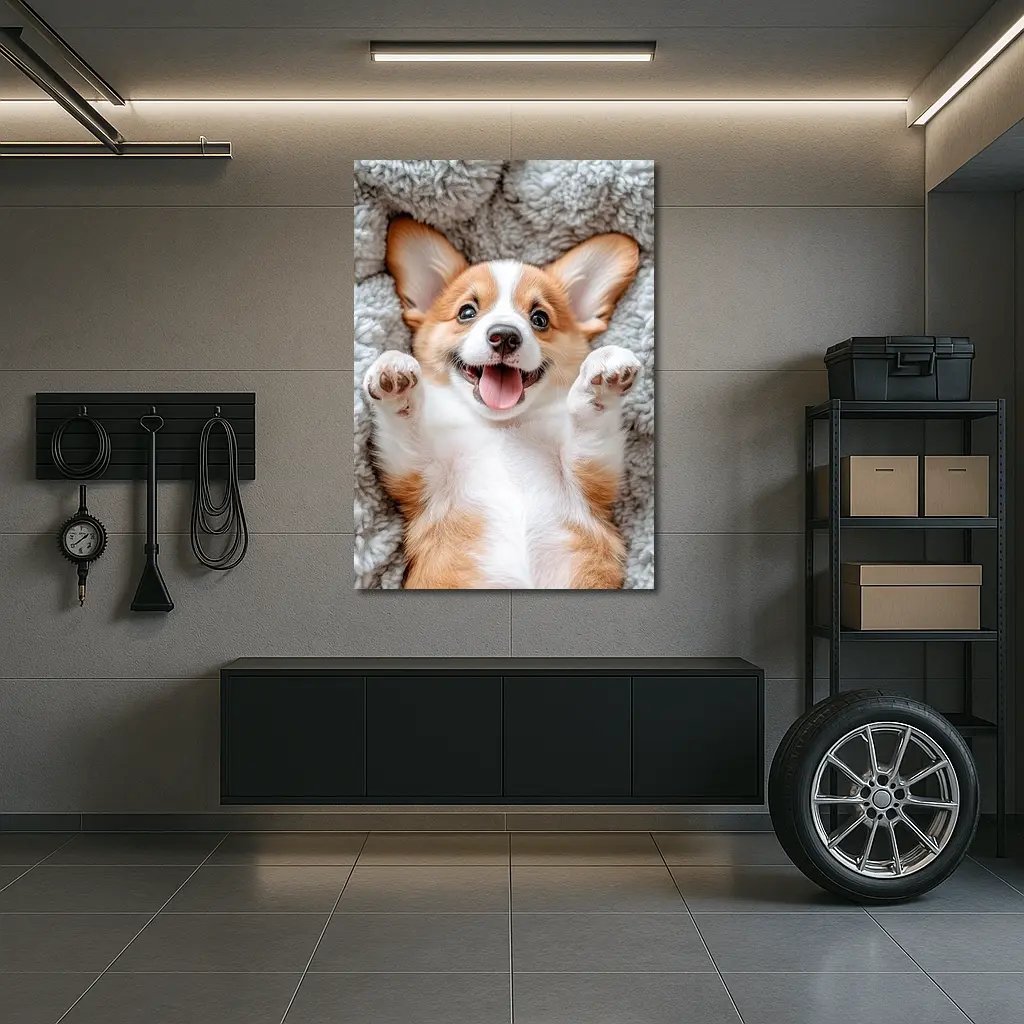Happy Corgi Puppy Lying On Gray Blanket – Wall Art